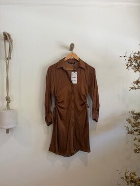Zara Brown Long-Sleeve Button-Front Shirt Dress